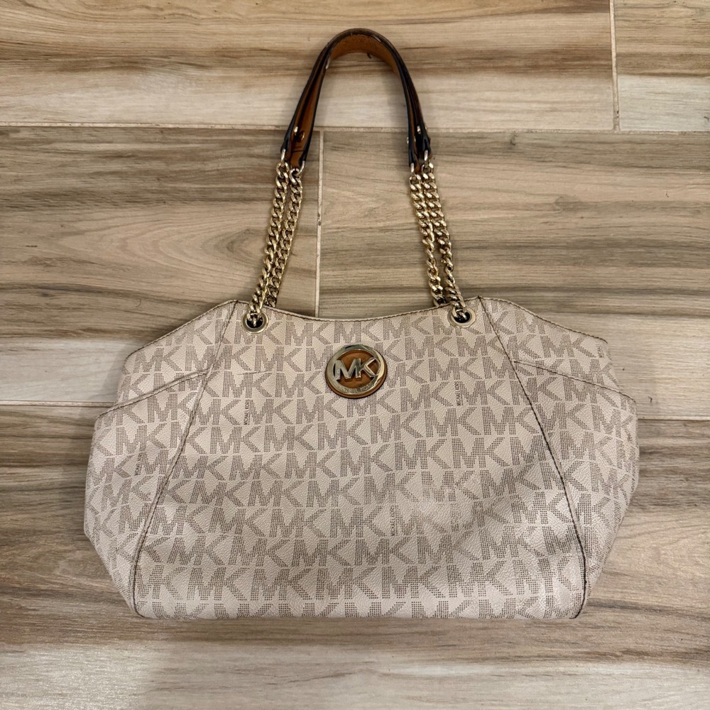 Michael Kors Jet Set Signature Logo Chain Shoulder Bag Tote Cream Gold